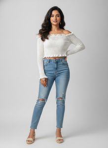 White Off-Shoulder Cropped Knit Top