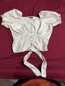 Cream Puff Sleeve Tie-Front Top