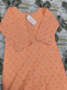 Peach Kurta with embroidery and golden lace work