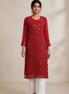Elegant Red Mirror chikankari Kurta Set