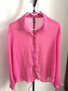 Vibrant Pink Sheer Polka Dot Blouse