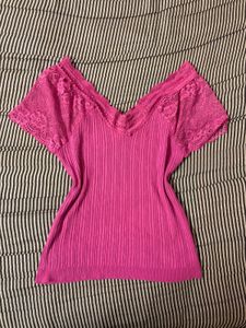 Fuchsia Lace Trim Ribbed Top