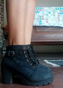 Chunky Black Lace-Up Heeled Boots