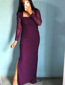 Elegant Purple Sheer Sleeve Ruched Maxi Dress