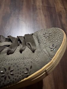 Green Embellished Sneakers with Ribbon Laces