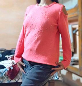 Coral Cut-Out Shoulder Sweater