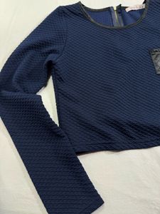 Navy Textured Long Sleeve Crop Top