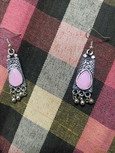 Oxidized Silver Pink Stone Necklace Set
