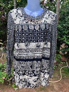 Boho Print Kurta with Embellished Neckline