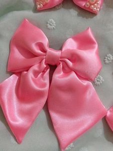 Set of 6 Pink Satin Handmade Bows with Pearls