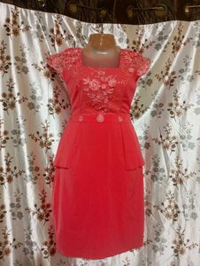 Elegant Coral Embroidered Dress