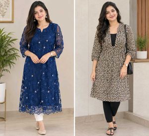 2 dresses Blue embroidery dress & Cheetah print dr