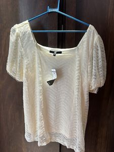 Off White Tshirt, Net Pattern, With Puff Sleeves