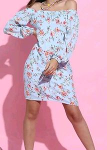 Light Blue Floral Off-Shoulder Dress