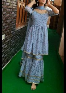 Blue Floral Print Sharara Suit