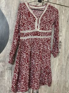 Maroon Printed V-Neck Dress