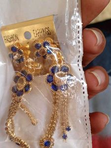 Blue Golden Stone Work Earings