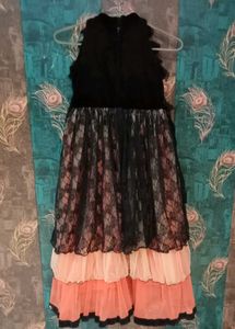Girls Black &amp; Peach Layered Lace Party Gown
