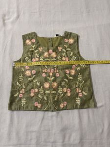 Olive Embroidered Silk Blouse/ Top