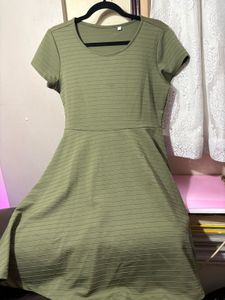 Olive Green Striped Fit & Flare Dress