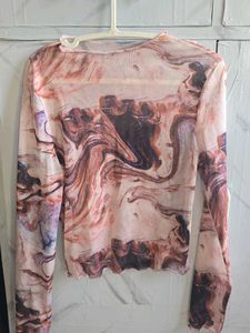 Trendy Mesh Marble Print Long Sleeve Crop Top