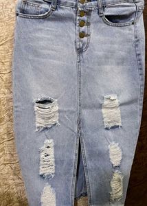 Light Wash Ripped Denim Midi Skirt
