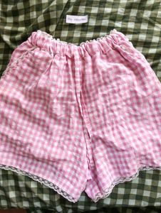 Pink Gingham Pajama Shorts with Lace Trim