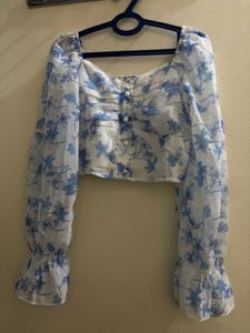 Casual Bishop sleeves Floral print women blue top