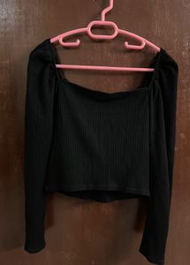 Black Ribbed Puff Sleeve Top