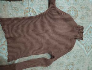 Brown Ribbed Mock Neck Top