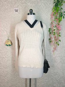 Cream Cable Knit V-Neck Sweater