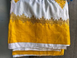 Elegant White Saree with Yellow Embroidery