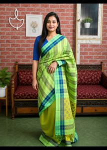 Vibrant Green & Blue Checkered Saree