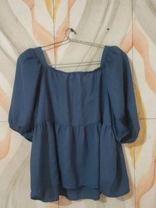 Stylish Blue Puff Sleeve Peplum Top