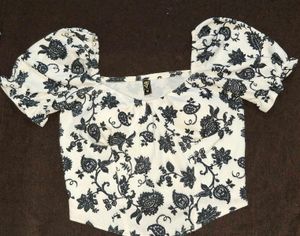 Chic White & Black Floral Puff Sleeve Top