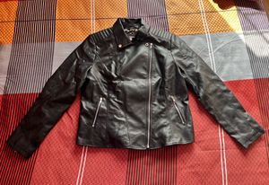 Women Lapel Collar Black Leather Jacket