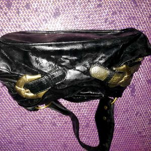 Black leather Shoulder Bag with Gold Buckle