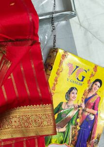 Vibrant Red Saree with Gold Stripes