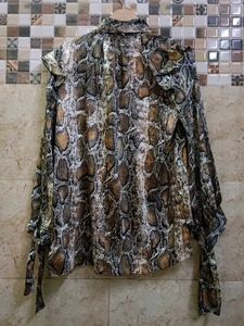 Chic Zara Snake Print Ruffle Tie-Neck Top