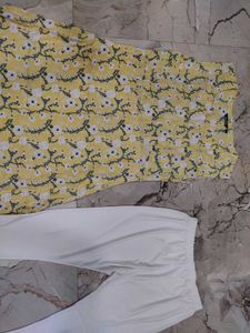 Yellow Floral Kurta with White Pants Set