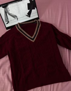 Burgundy Cable Knit V-Neck Sweater