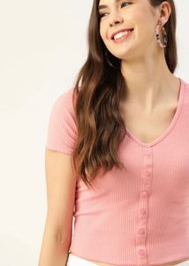 Ribbed Button-Up Pink Crop Top
