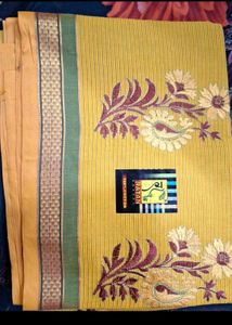 Orange Cotton Saree with Floral Embroidery