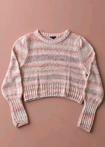 BLUSH PINK &amp; GREY MARLED KNIT CROPPED SWEATER