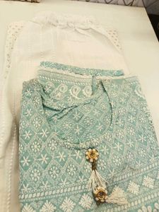 Beautiful White and Sea green Cotton Chikankari ku
