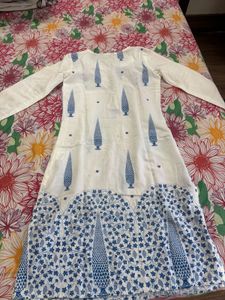 White Kurta with Blue Block Print