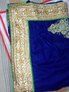 Royal Blue Embroidered Velvet Saree
