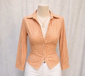 Orange Striped Fitted Button-Up Blouse