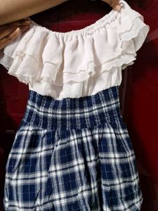 Off-Shoulder Ruffle Top &amp; Plaid Shorts Set