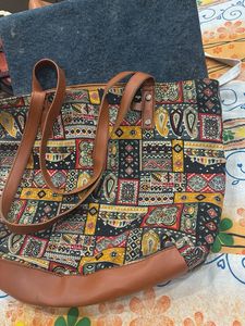 Boho Print Tote Bag with Leather Straps